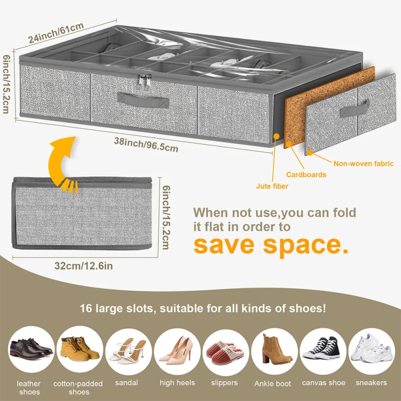 32 Pairs Foldable Underbed Shoe Storage Boxes Extra Large Underbed
