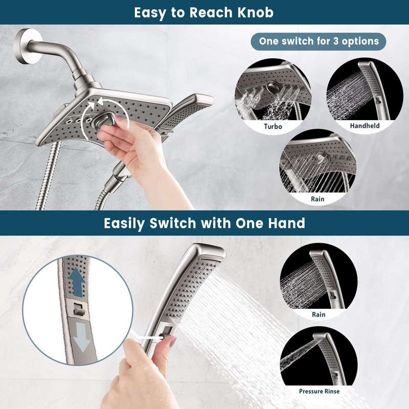 BRIGHT SHOWERS High Pressure Brushed Nickel Shower Heads Combo with