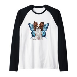 Cartoon Papillon dog with butterfly wings Raglan Baseball Tee