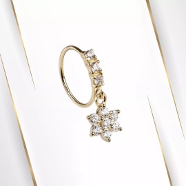 Luxe Modz 14K Solid Gold 20G Crystal Dangle CZ Flower Dangling Bendable Nose Hoop Ring 8mm