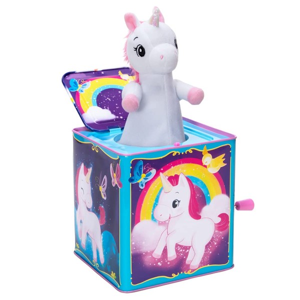Schylling Pop & Glow Unicorn Jack in the Box - Unicorn Toy Jack in the Box for Kids with Handle, Music Box for 18 months +