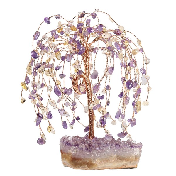 SUNYIK Amethyst and Citrine Healing Crystal Money Tree Set on Amethyst Cluster Base Feng Shui Ornament Home Decoration for Wealth and Luck