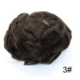 Curve Hair Toupee for Men Human Hair Pieces for Mens hair prosthesis patch units replacement system for men PU Skin mens toupee implant (8" x10“, #3 Dark Brown-120% Medium Light to Medium Density)