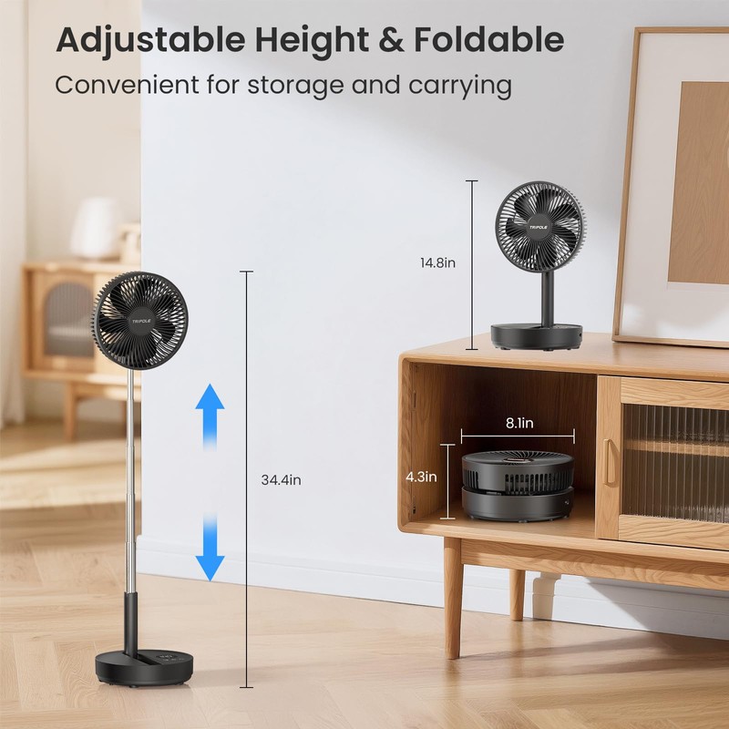TriPole Portable Standing Fan, 8000mAh Rechargeable Oscillating Fan with Remote,