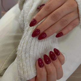 KQueenest Upgrade Thick Acrylic Dark Red Press on Nails Short Oval, Burgundy Red Nails Press on Short Almond, UV Cover Oval Fake Nails for Women Christmas Wear, Natural Glue on Nails Short in 24 Pcs