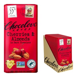 Chocolove Cherry & Almonds Dark Chocolate Bars | 55% Cocoa | Infused with Real Cherries & Crunchy Almonds | Crafted with Premium Belgium Chocolate | 3.2 oz Bar (12 Pack)