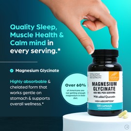 Magnesium Glycinate 400mg High Absorption Capsules with Quercetin | Quality Sleep, Relaxation & Muscle Health Supplement for Women and Men | Chelated Magnesium 120 Count (Pack of 1) | Easy to Swallow