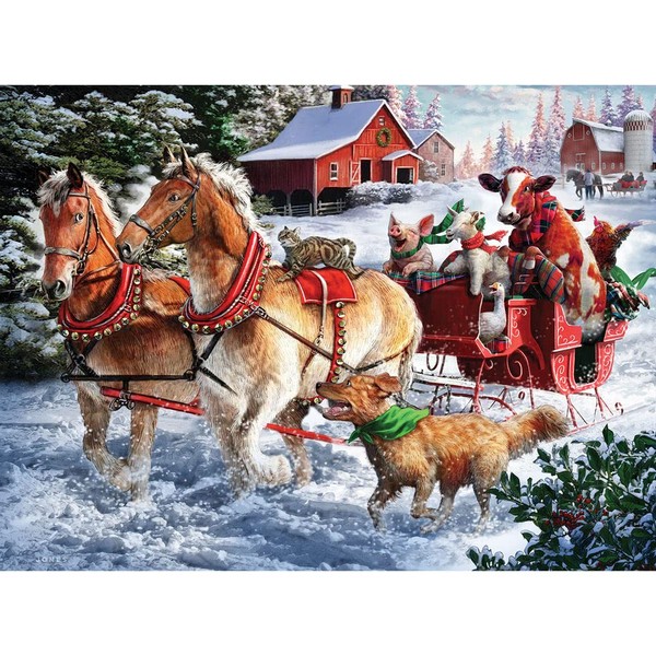 Bits and Pieces - 300 Piece Jigsaw Puzzle for Adults 18" x 24" - Taking A Ride - 300 pc Horse and Buggy, Farm Animal Winter Scene Jigsaw by Artist Larry Jones