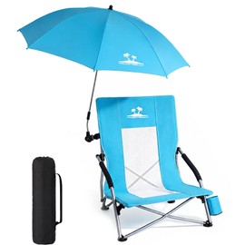 Folding Beach Chair for Adults with UPF 50+ Umbrella, Lightweight Low Beach Chair with Mesh Back,300lbs Capacity Portable Camping Chair with Carry Bag for Outdoor Lawn Camping Concerts (Blue)