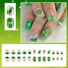LBPEPAMZ 24Pcs St. Patrick's Day Press on Nails Short Square Fake Nails with Silver Glitter Tips Shamrock Designs Green Bling French Tips False Nails Green Hat Lips White Full Stick on Nails for Women