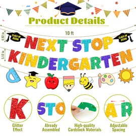 Next Stop Kindergarten Banner, No DIY Glitter Colorful First Day of School Decorations Welcome to Kindergarten Banner for Celebrating First Day of Kindergarten Classroom Party Supplies