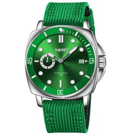 SKMEI Watch for Men Waterproof Fashion Casual Sport Big Face Analog Quartz Luminous Luxury Dress Business Gift Cloth Nylon Strap Green Wrist Watches