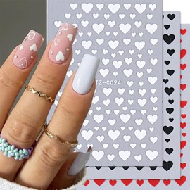 6Sheets Heart Nail Stickers Valentines Nail Art Stickers 3D Self-Adhesive Black White Red Pink Glitter Love Hearts Design Nail Decals Valentine’s Day Hearts Stickers for Nails Supplies for Women Girls