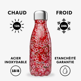 QWETCH - Originals Stainless Steel Insulated Flask 260 ml Red Flowers - Thermos Flask 24 Hours Cold & 12 Hours Hot - Leak-Proof, BPA-Free, Reusable - Perfect for Sports, Travel, Office & Hiking