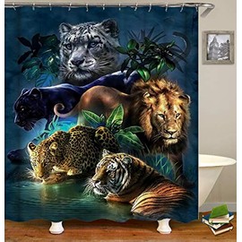 TJZ HOME Wild Animal Shower Curtain,Green Orange and Black Lion Tiger Leopard Panther Theme Cloth Fabric Bathroom Decor Polyester Cloth Print Bathroom Curtains Include Hooks Set 72〃w by 72〃L(TP627)