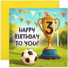 3rd Birthday Card for Boy or Girl - Football Birthday Card for 3 Year Old Child - Champion winners Trophy Cup Football Team - Footy Age 3 Birthday Cards for Son Daughter Grandson