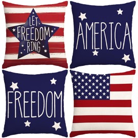 4th of July Pillow Covers 18x18 Inch,Set of 4 Patriotic Red White Blue Summer Outdoor Throw Pillow Covers,Independence Memorial Day USA Flag Linen Fourth of July Cushion Case for Sofa Couch Decor