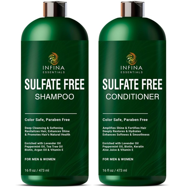 INFINA ESSENTIALS Sulfate Free Shampoo and Conditioner Set - Daily Hair Care - All Hair Types - Restores Shine & Reduces Itchy Scalp & Frizz - Men and Women, 16 fl oz Each