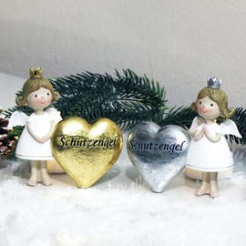 com-four® 2 x Decorative Angel Guardian Angel with Heart - Stand Decorative Figure - Angel Figure in Silver and Gold - Lucky Angel with "Guardian Angel" - Decorative Lucky Charm (Gold-Silver)