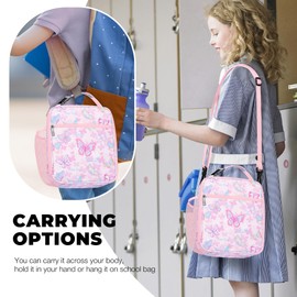 Clastyle Pink Butterfly Insulated Lunch Bag for Kids, Portable Large Thermal Cooler Lunch Bag for Girls, School Lunch Box Bag with Bottle Holder