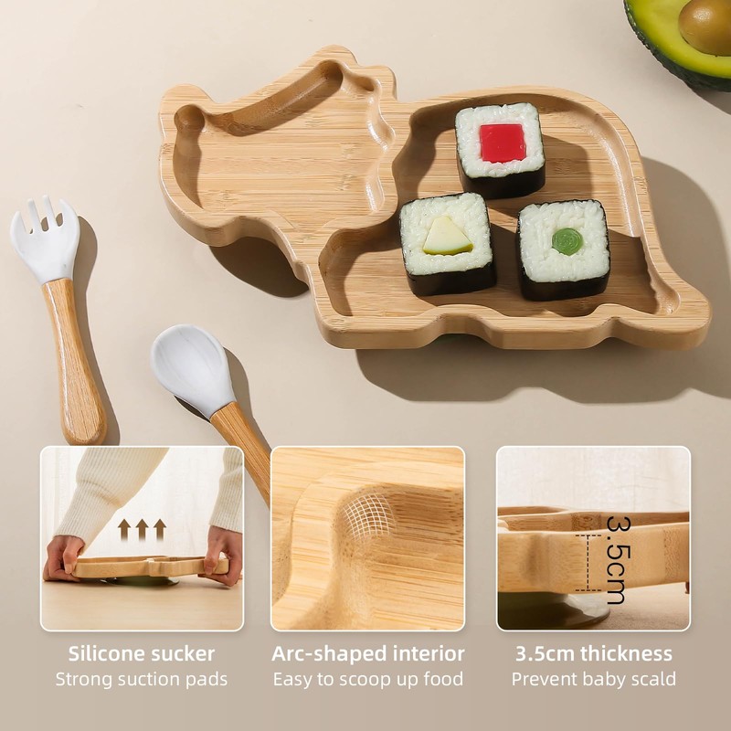 Bamboo Baby Plate Set with Suction - Dinosaur Divided Toddler