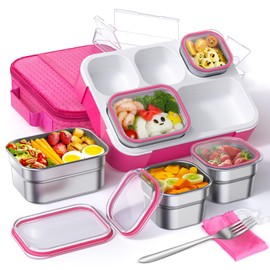 TIME4DEALS Stainless Steel Bento Lunch Box Kids Adult - Leakproof School Lunch Container with 5 Compartment and Lunch Bag Set for Toddler Child Bento Box (Pink)
