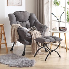 Welnow Lazy Chair with Ottoman, Modern Lounge Accent Chair with Armrests and a Side Pocket, Leisure Upholstered Sofa Chair Reading Chair with Footrest for Small Space, Corner Chair, Dark Grey