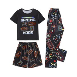 Trsenvrml Boys Pajamas Set Kids 3 Piece Pjs Sets Short Sleeve Sleepwear Game Shorts Pants Big Boys Pajama Bottoms (Black, 8-9T)