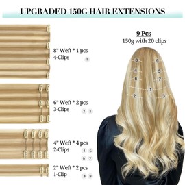 DOORES Human Hair Extensions Clip in, Dark Blonde Highlighted Bleach Blonde 150g 9pcs 22 Inch, Clip in Hair Extensions Real Natural Hair Extensions Thick Hair Extensions Natural Silky