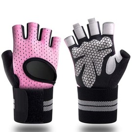 VICKEYWIN Breathable Workout Gloves for Men Women, Padded Gloves with Wrist Wraps Support, Full Palm Protection, Grip for Gym Training, Fitness, Weightlifting, Exercise Fingerless(Pink-Long-S)