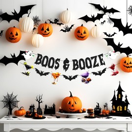 Glitter Boos and Booze Banner with Cocktail and Ghost Design for Halloween Party Decoration