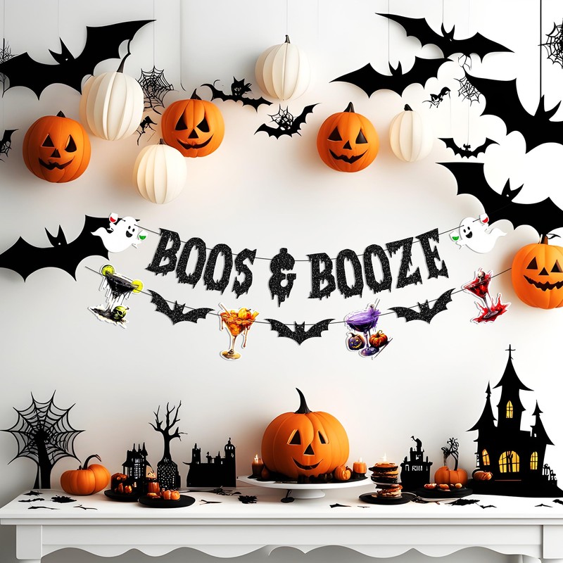 Glitter Boos and Booze Banner with Cocktail and Ghost Design