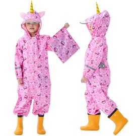 TeTii Kids Toddler Rain Suit for Boys Girls Baby Hoodie Zipper One Piece Cute Cartoon Waterproof Coverall Rain Coat Jacket Pink Unicorn S 1-3 Years