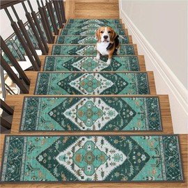 Lahome Stair Treads Non Slip 15 Pack 8" X 30" Carpet Treads for Wood Stairs, Washable Self Adhesive Mat Pet Proof & Scratch Resistant for High Traffic Areas Apartments Dogs & Seniors (15pc,Teal)