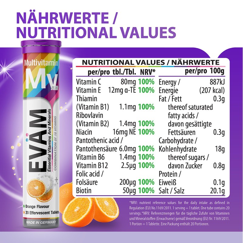 EVÄM Multivitamin Effervescent Tablets, Orange Flavour, 2 x 20 Pieces,