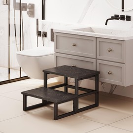 Homeiju 3 in 1 Step Stools for Adults Kids Toddler, Heavy Duty Wooden Step Stool with Non-Slip Pads, 2 Tire Step Stool for Kitchen Bathroom Bedroon Stepping Stool, Black