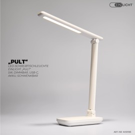 einlicht PULT LED Desk Lamp, Touch Dimmable Desk Light, Wireless, 400 Lumens, Reading Lamp, Adjustable Bedside Lamp, Neutral White, 4000 K, 34 cm High, USB-C Charging, White