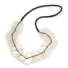 Avalaya Summery White Shell Disk Black Faux Leather Cord Necklace - 66cm L