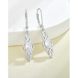 Guesma White Opal Infinity Twisted Oval Dangle Earrings Women - Solid Sterling Silver 18K White Gold Plated Created Birthstone Leverback Drop Earrings Jewelry