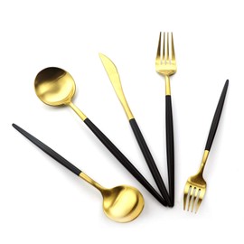 Gugrida 20-Piece Matte Gold & Black Handle 18/10 Stainless Steel Flatware Set, Titanium Cutlery for Home & Restaurant, Dishwasher Safe