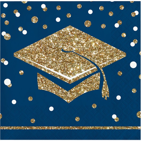 Creative Converting Glittering Grad Beverage Napkins, 5", Gold, Navy, and