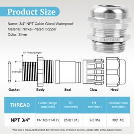4 Pcs NPT 3/4" Nickel-Plated Copper Waterproof Cable Gland, IP68 Waterproof Cable Gland Adjustable 13-18mm Cable Connectors