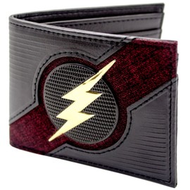 DC Flash Gold Lightning Emblem Outfit Textured Wallet Bi-Fold ID & Card Holder, Black