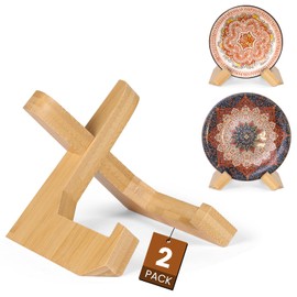 Plate Stand, 4.5 Inch Bowl Stands for Display, Bamboo Wooden Display Stand Easel Frame Holder for Large Deep Bowls Platters and Dishes, 4.5" H x 6" W x 5.4" D (For Bowls under 3.5" in Depth, Yellow)