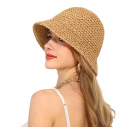 Rulala Fancy Womens Sun Hat Handmade Straw Bucket UV Protection Wide Brim Packable Travel Summer Cap for Beach UPF 50+(Khaki)