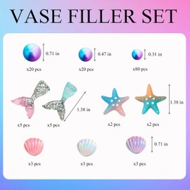 FEICUIBEXI 143 Pcs Mermaid Vase Filler, Acrylic Beach Shells Starfish Fish Tail Stelleroid Multicolor Pearl Bead for Party Table Centerpiece Beach Theme Home Decor