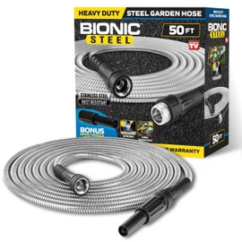 BIONIC STEEL 50 Ft Metal Garden Hose with Sprayer Nozzle, Non Kinking Designed Stainless Steel Heavy Duty Water Hose 50Ft x 5/8 in. Ultra Flexible NON Expandable for Uninterrupted Water Flow, 500 PSI