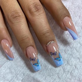 Press on Nails Square Medium Length Artificial Acrylic Fake Nails with Butterfly Design, Full Cover Reusable Coffin Shaped Blue French False Nails, DIY Stick on Nails for Women, Glue on Nails for Set