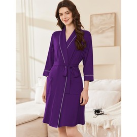 Ekouaer Women Robes Shawl Collar Bathrobe Short Kimono Robe Soft Knit Bathrobes Ladies Sleepwear with Pockets Dark Purple Medium