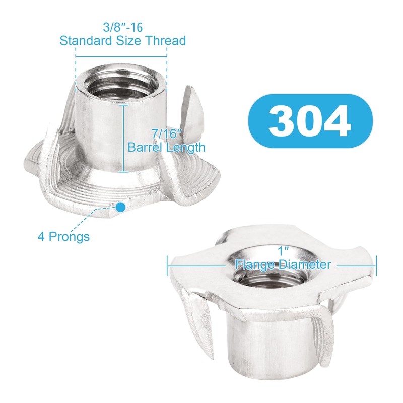 3/8"-16 T-Nuts (20 Pack), 304 (18-8) Stainless Steel, 7/16" Barrel